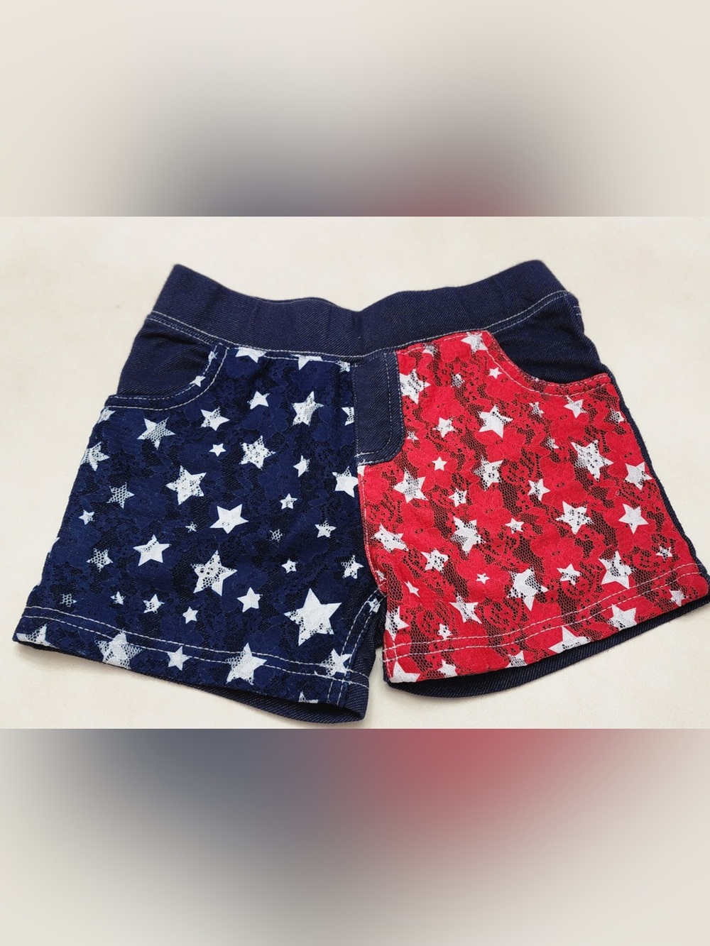 Kids Star Print Lace-Overlay Shorts - Navy & Red